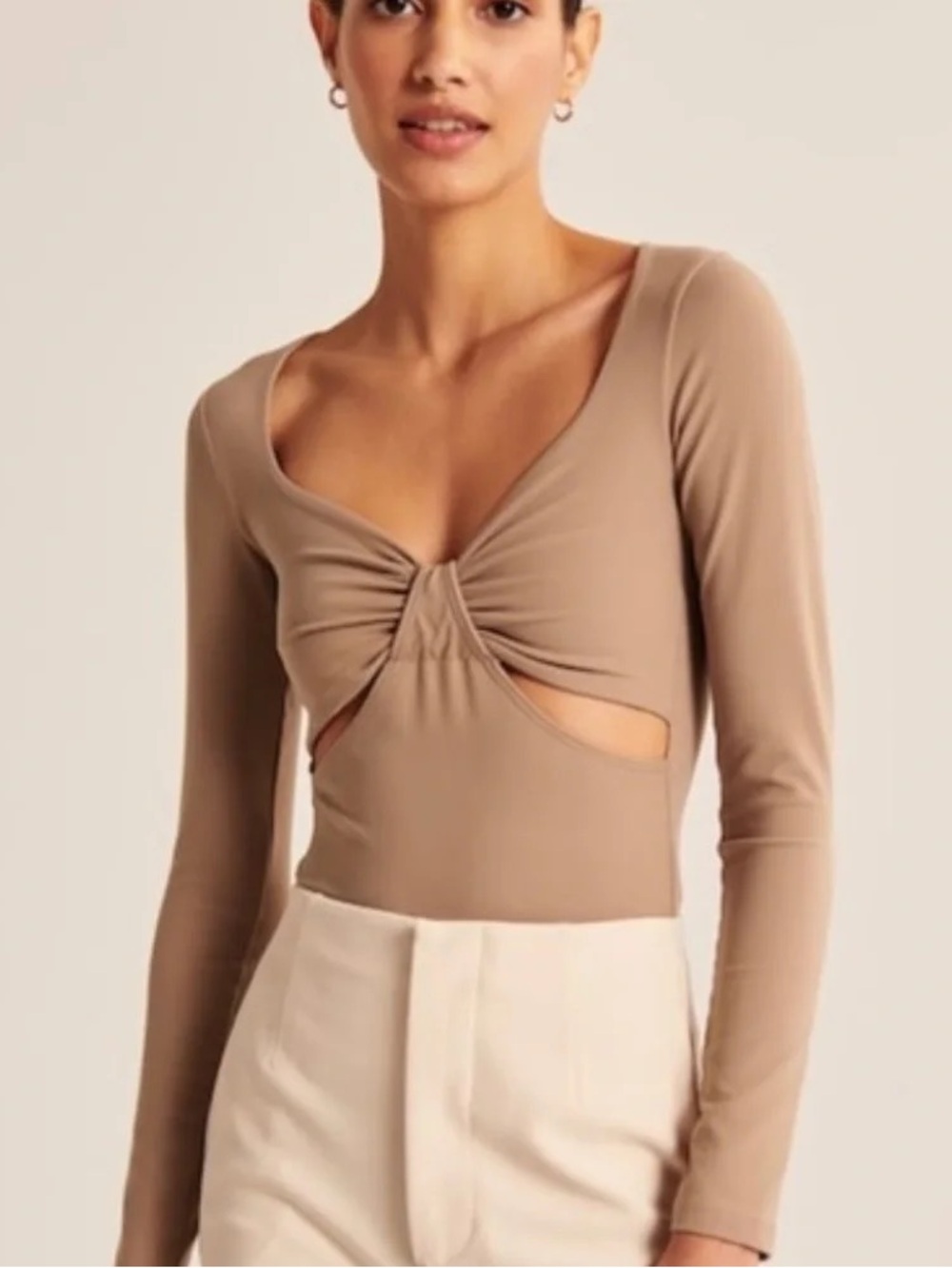 Abercrombie & Fitch Long-Sleeve Twist Front Cutout Bodysuit in Taupe